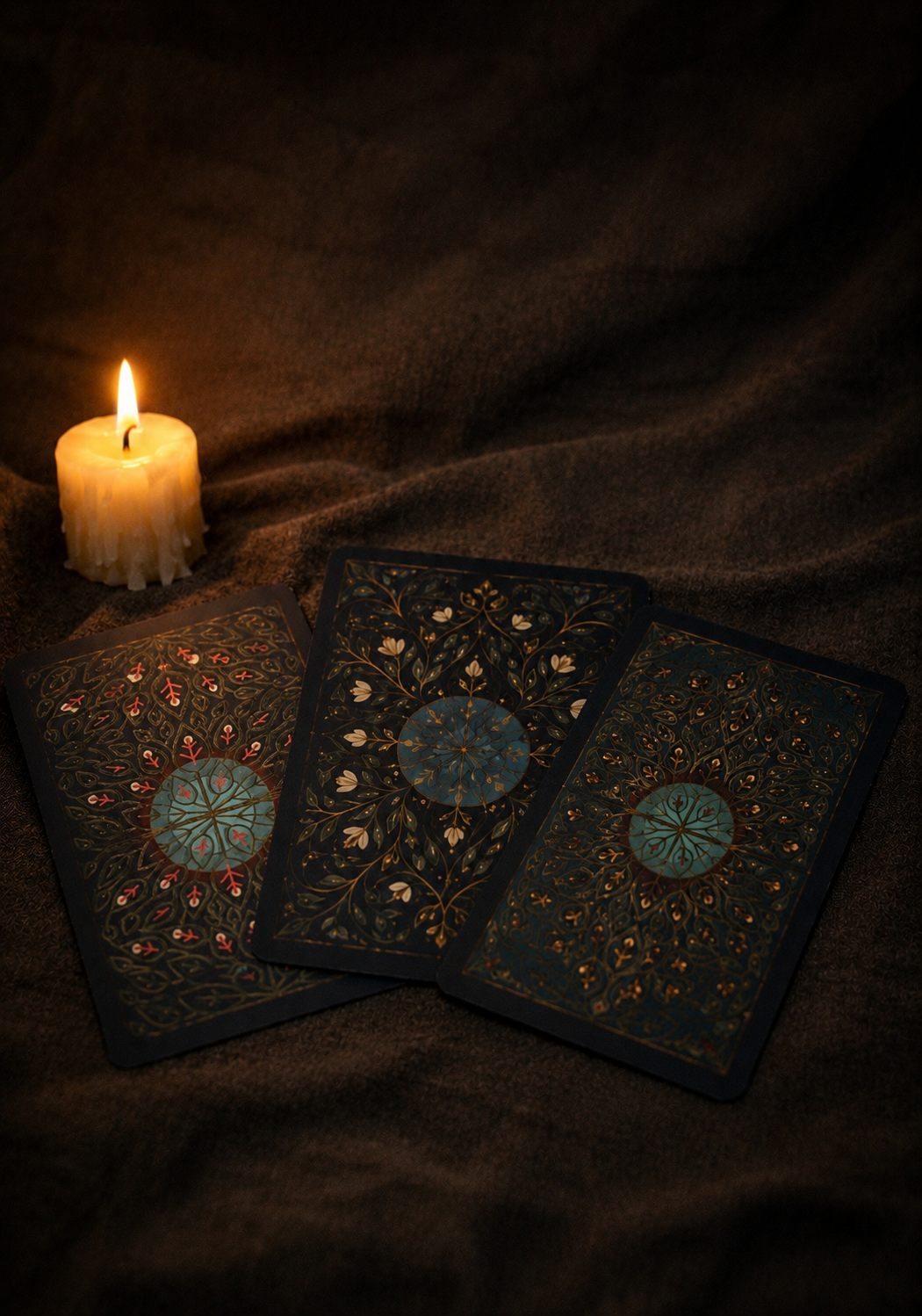 Three tarot cards with intricate floral and geometric designs laid out on a dark fabric surface, illuminated by a small lit candle.