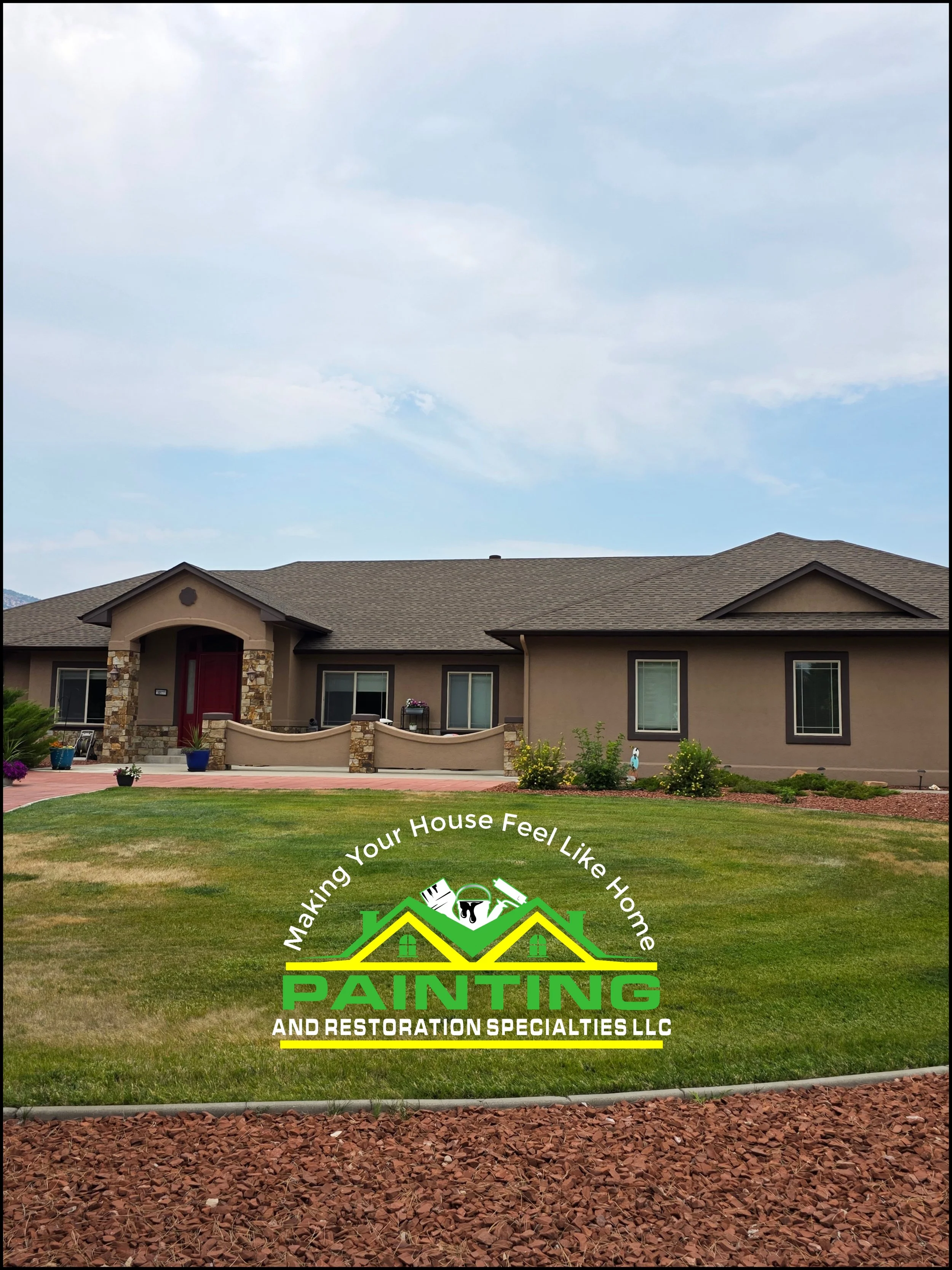 A house with a well-maintained front yard, including green grass, plants, and a flowerpot, with an overcast sky in the background. Overlaid graphic and text advertising a painting and restoration business.