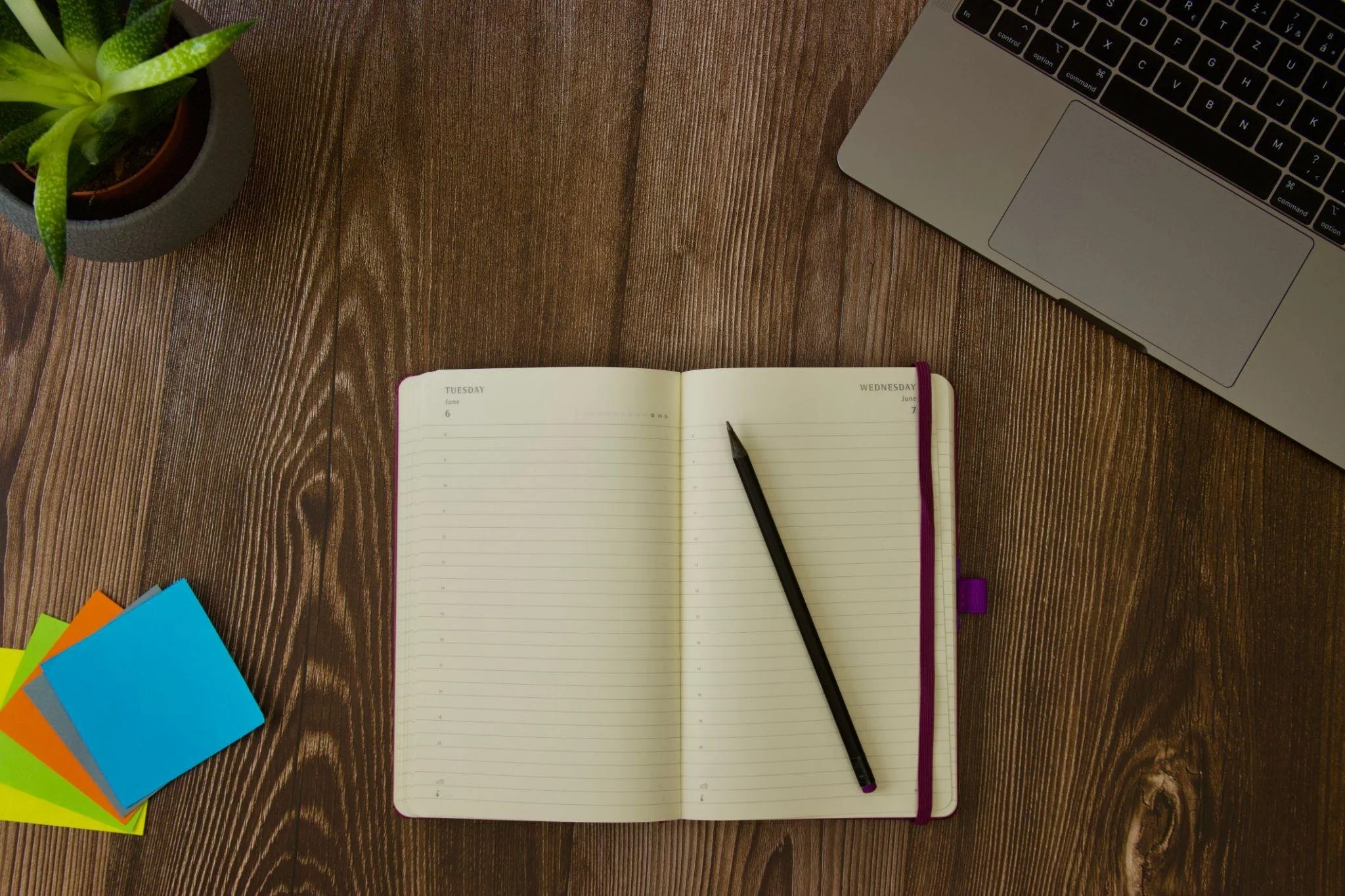A wooden desk with a potted aloe vera plant, an open planner with a pen, a laptop, and colorful sticky notes.