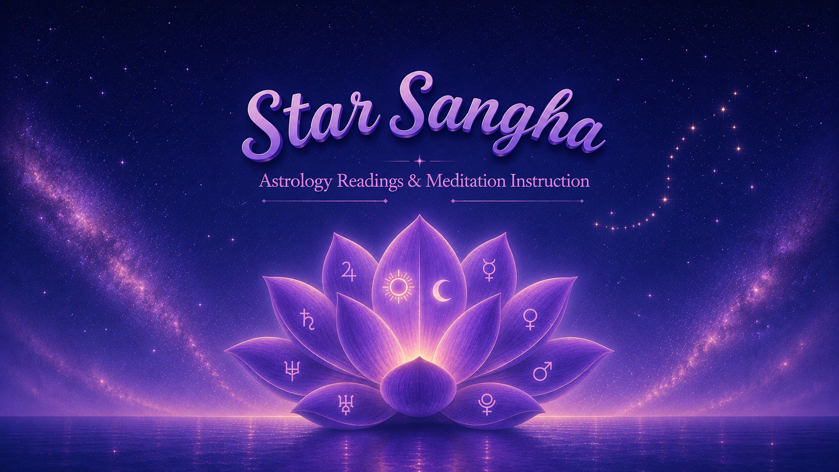A digital illustration of a glowing purple lotus flower with zodiac symbols on its petals, set against a starry night sky with Milky Way galaxy and a distant crescent moon, promoting Star Sanga astrology readings and meditation instruction.