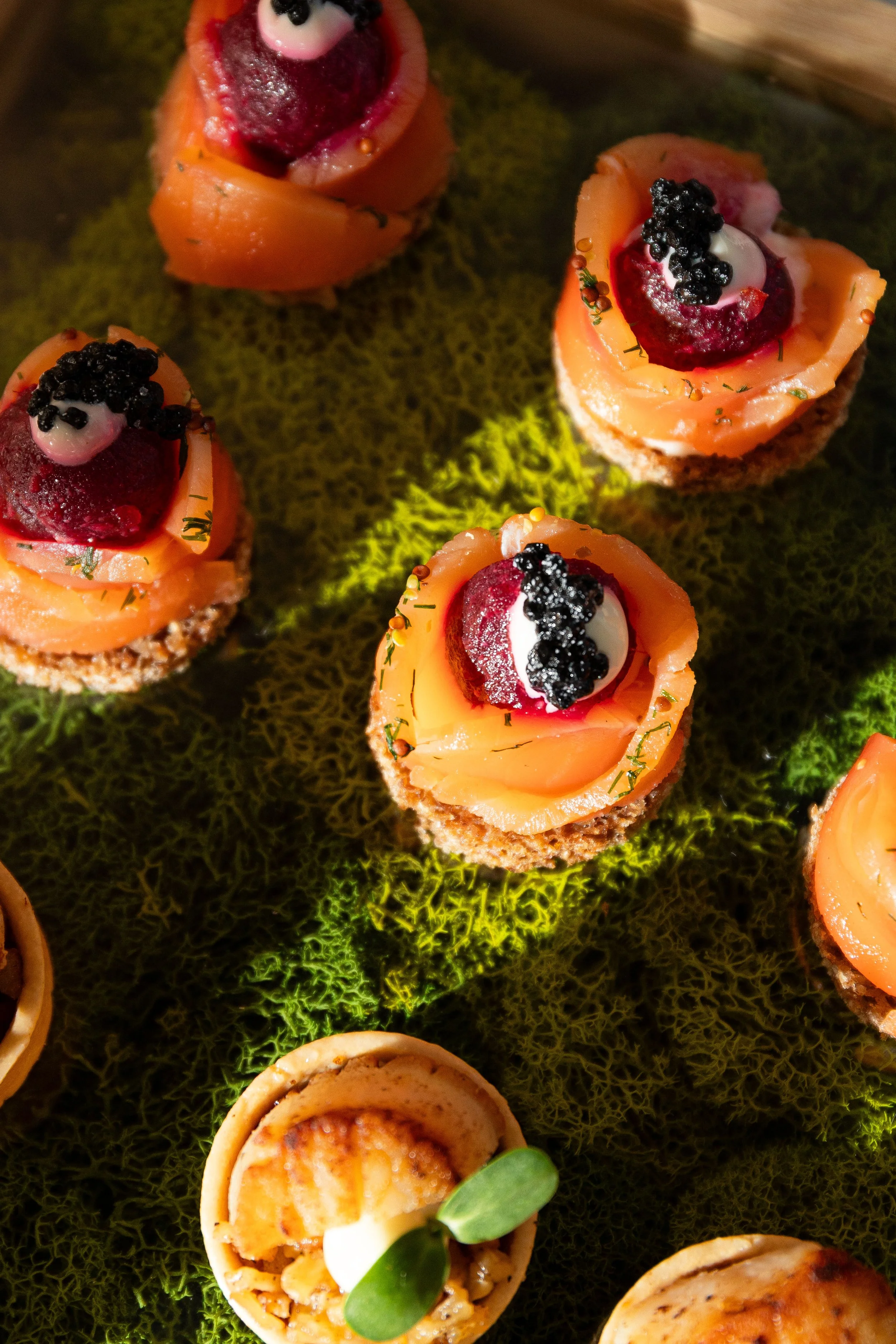 Canapés avec poisson, crème, caviar noir, et herbes, présentés sur un lit de mousse verte