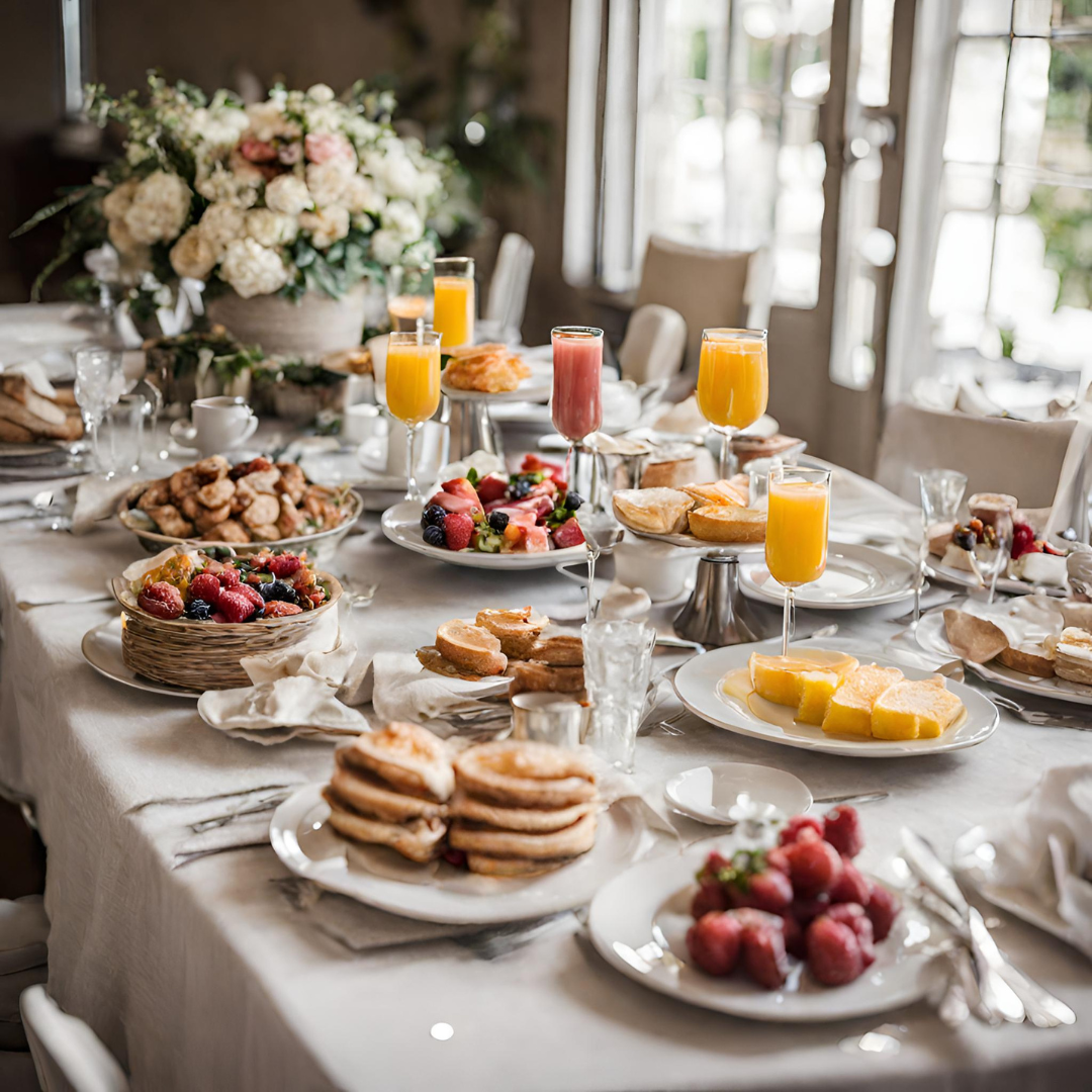 Brunch de mariage, mimosas, pancackes, fruits de saison