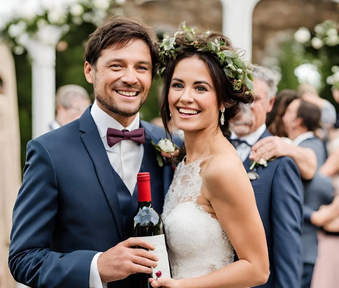 Couple avec bouteille de vin à un mariage