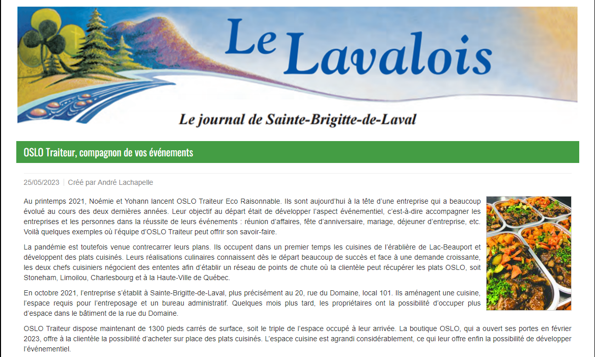 Capture d'écran d'un article de journal intitulé 'Le Lavalois' sur un site web, avec un logo illustrant un paysage avec montagnes, arbres, et un cours d'eau, ainsi que deux images de plats cuisinés