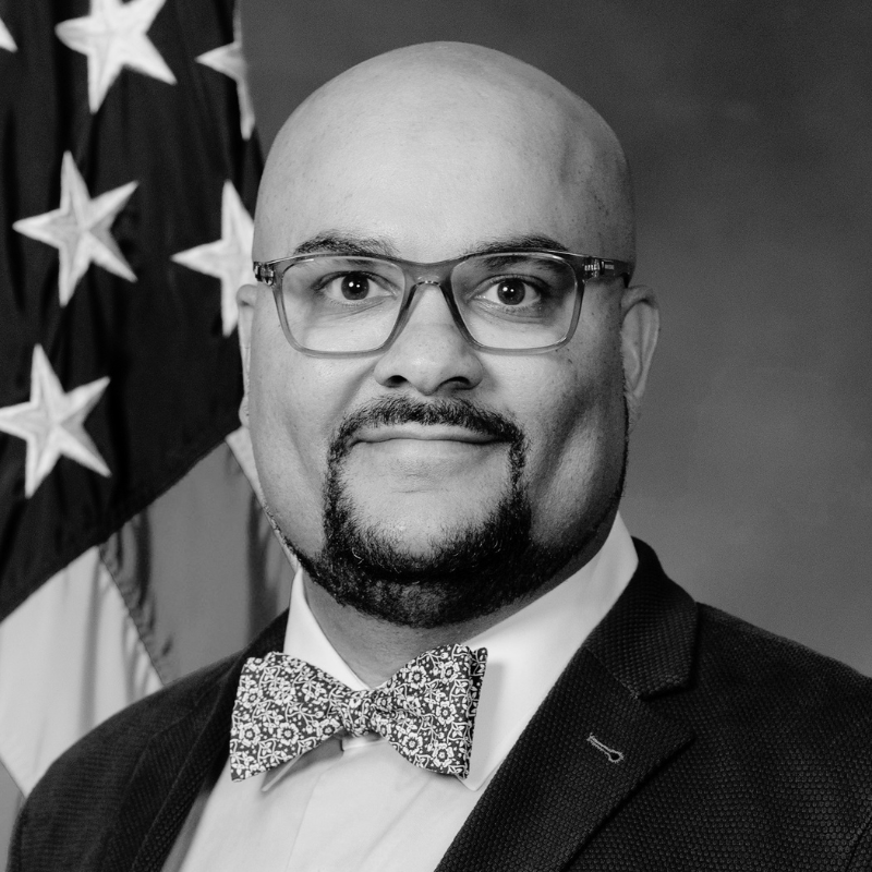 A man with glasses, a suit, and a bow tie standing in front of an American flag.