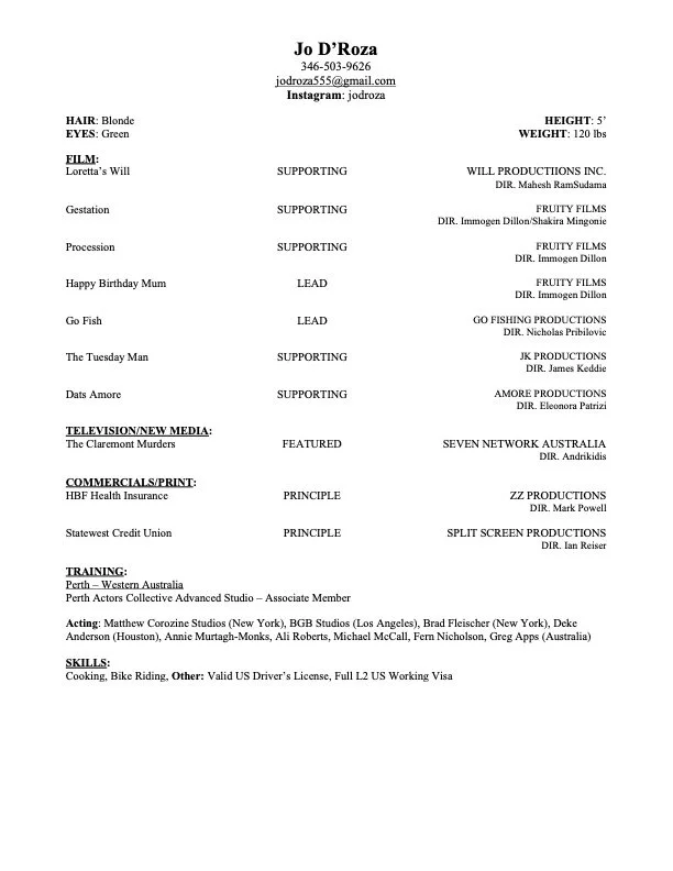 Resume of Jo D'Roza, includes contact information, physical description, work experience, media, commercials, training, skills, and other notes.