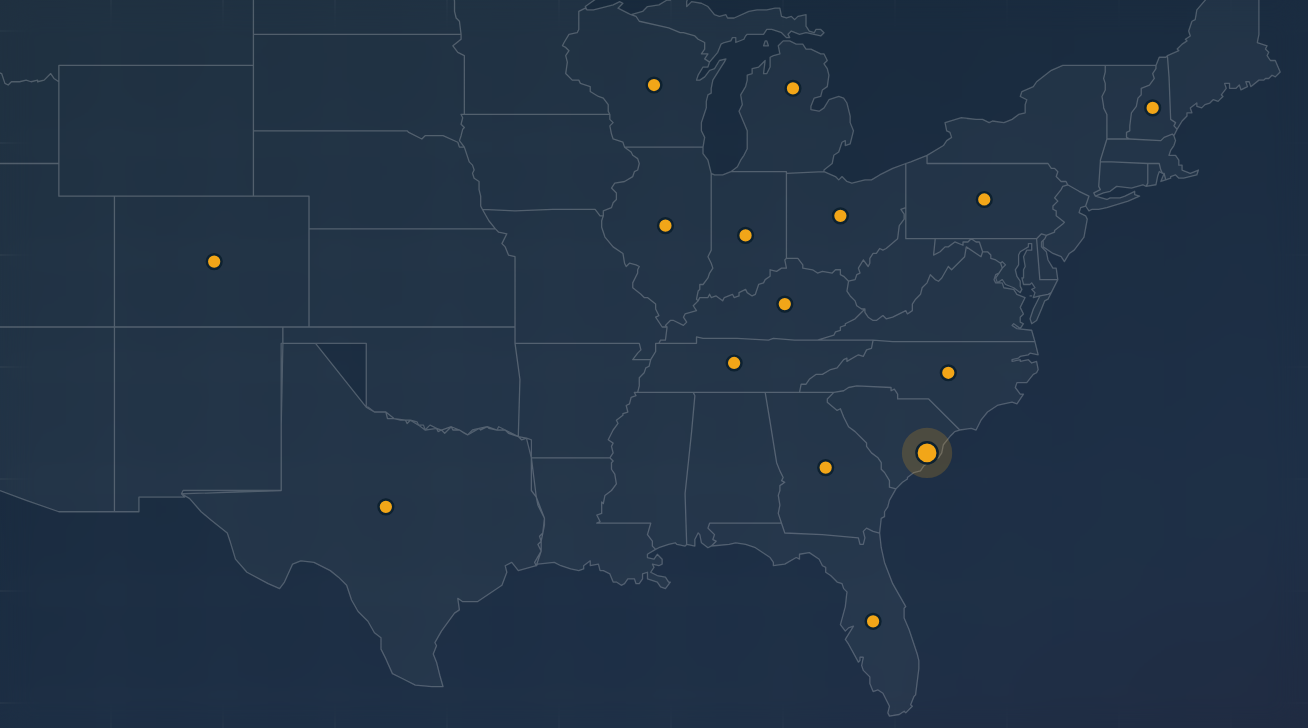 Map of the United States showing locations of data points marked by orange dots, with one location having a larger highlighted dot.