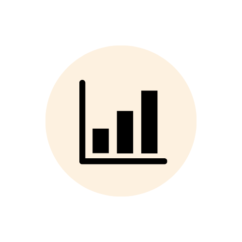 Icon of a bar chart with three bars increasing in height from left to right, inside a beige circle.