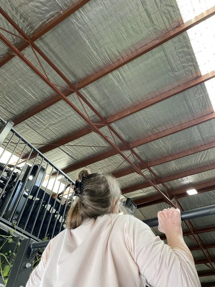 A woman with gray hair tied back, wearing a light-colored shirt, standing in a stadium or arena, holding onto a black handrail, looking toward the field or stage underneath a large, industrial ceiling with metal beams and insulation.