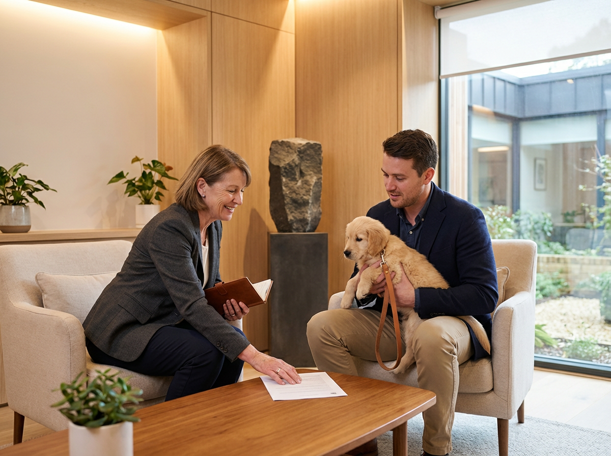 A woman sitting on a couch and a man holding a puppy in a cozy, well-lit office or waiting room with wooden paneling, plants, and large windows.