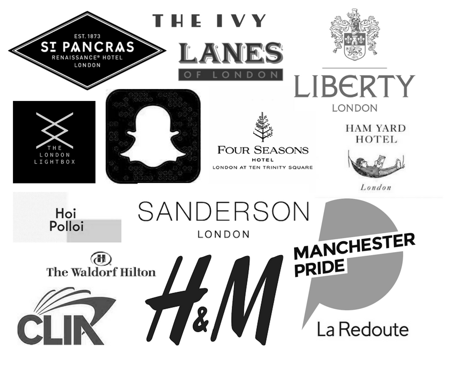 A collection of various logos and brand names associated with London hotels and locations, including St. Pancras, Liberty, Sanderson, The Ivy, Four Seasons, Ham Yard Hotel, and others.