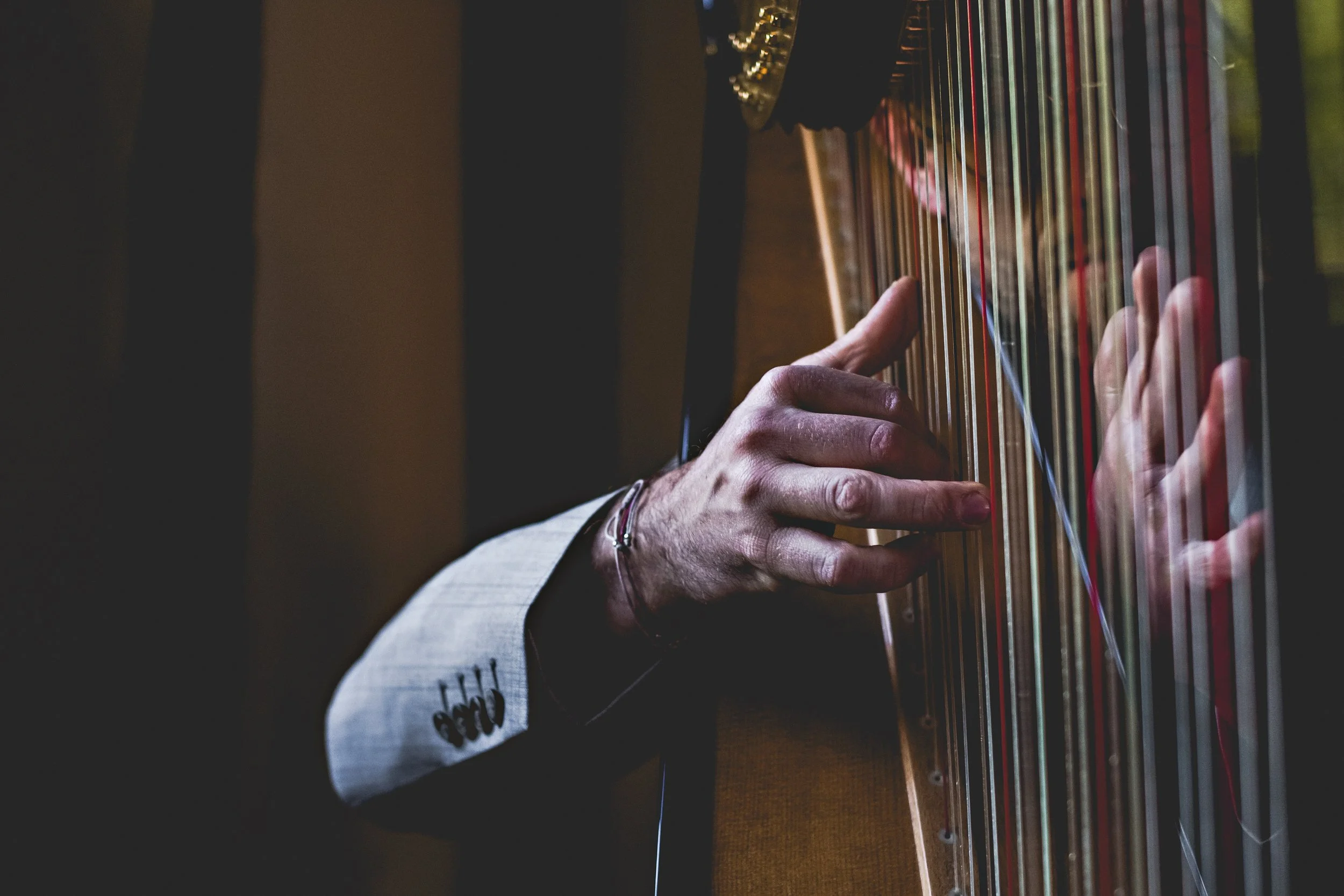 Close-up of a person playing a harp, focusing on their hands plucking the strings.
