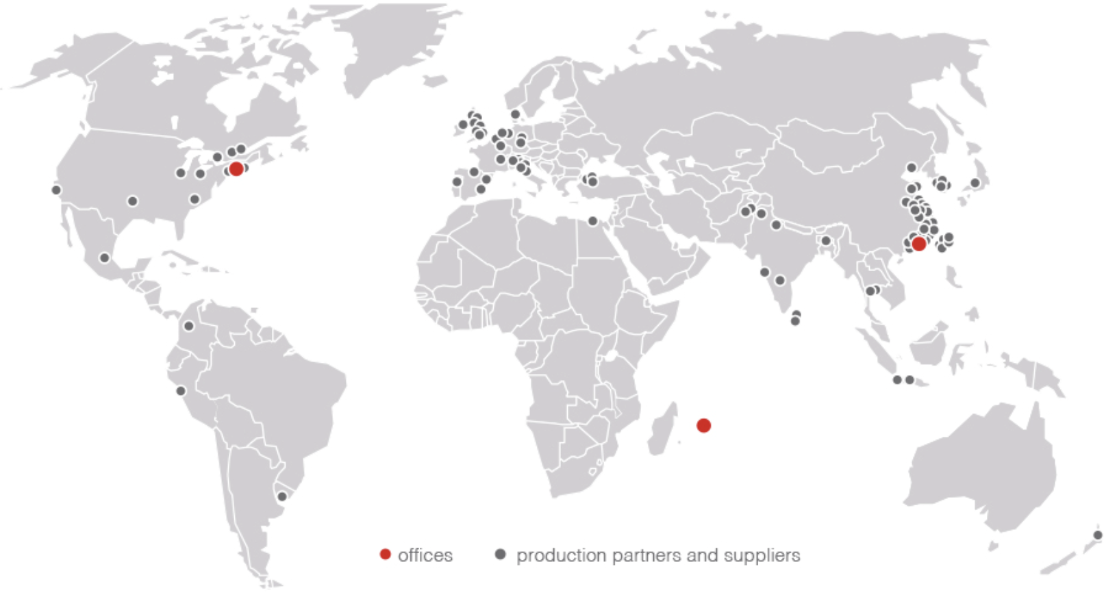 Map of the world showing locations of MB Sport company offices marked by red dots and production partners and suppliers marked by black dots.