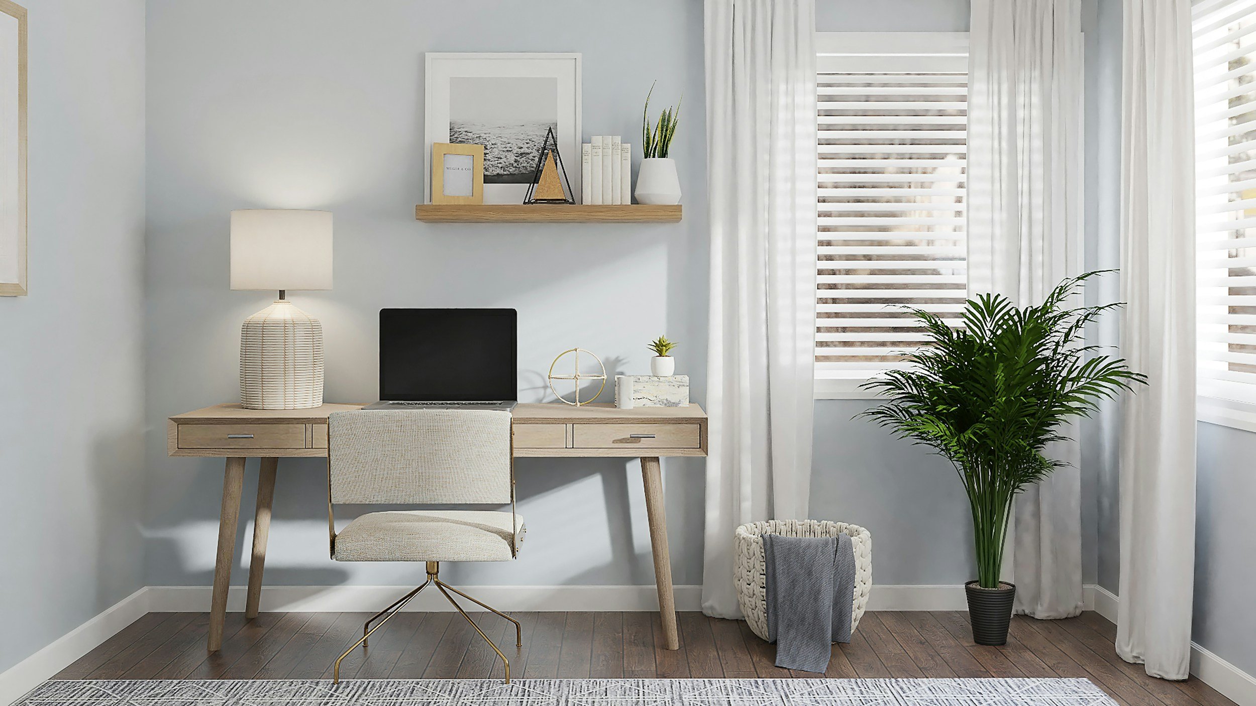 A modern workspace with a wooden desk, a beige office chair, a table lamp, a small potted plant, and a laptop. Behind the desk, a light blue wall has a floating wooden shelf with decorative items, including framed pictures, books, and a small plant. To the right, there is a large green potted plant near a window with white curtains, and the floor is dark wood with a patterned rug.