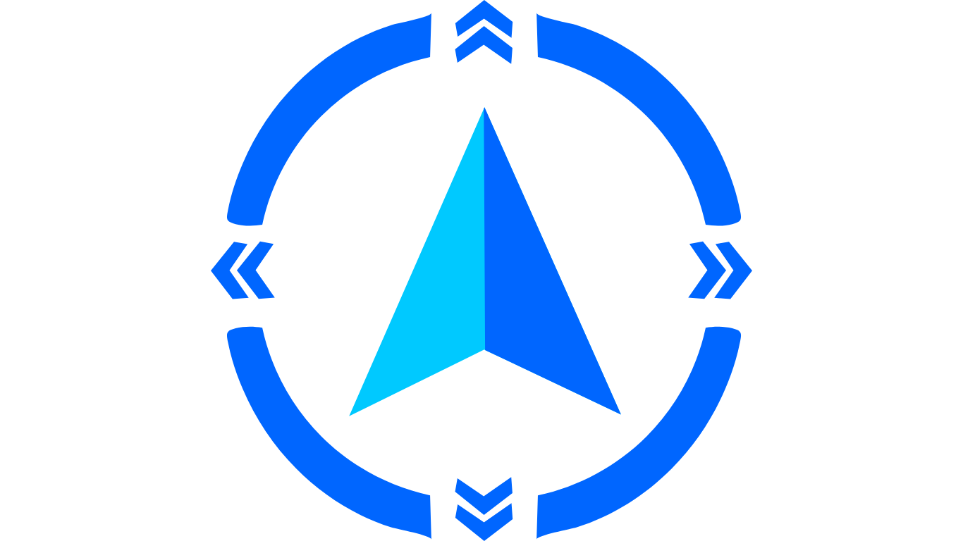 Ein blauer Kreis mit vier Pfeilen, die nach außen zeigen, umgibt ein blauer und hellblauer Pfeil, der nach oben zeigt. Das Logo ist stilisiert und modern gestaltet.