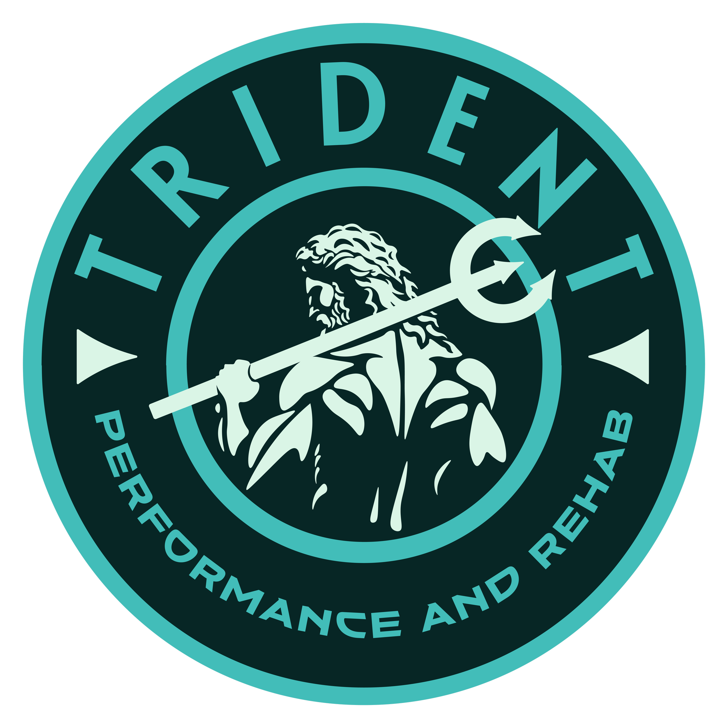 Trident Performance and Rehab primary logo of a badge with Poseidon graphic holding a trident.