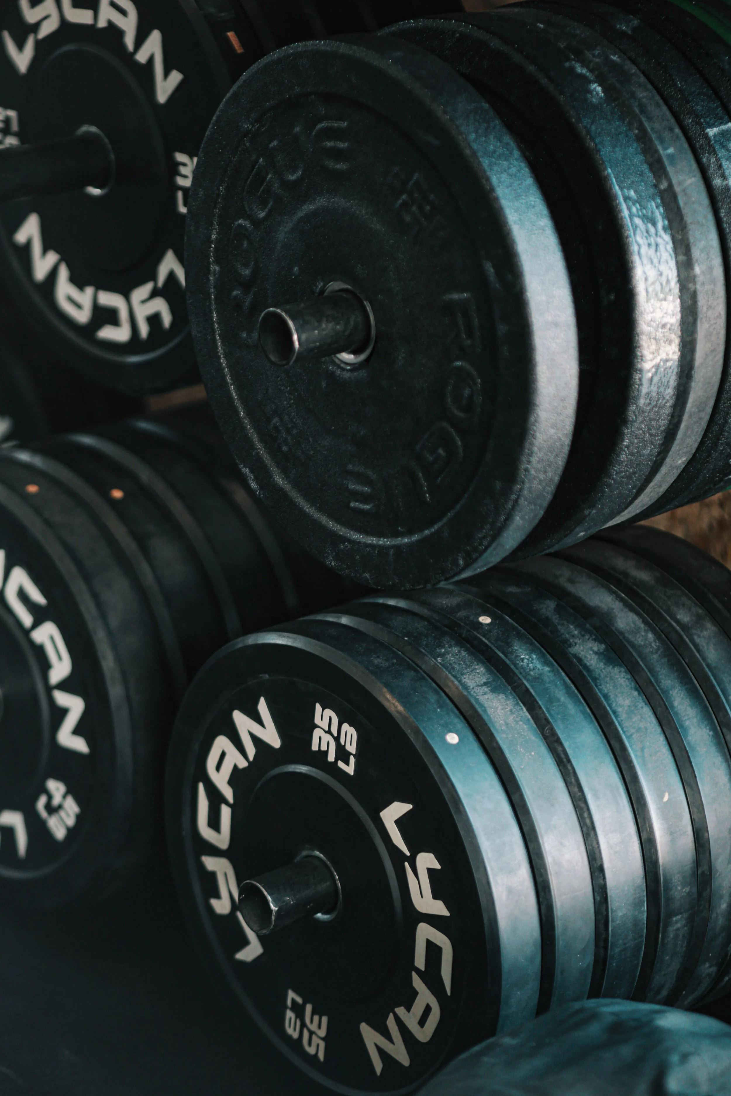 A collection of black dumbbells with white lettering, stacked on a rack in a gym setting.