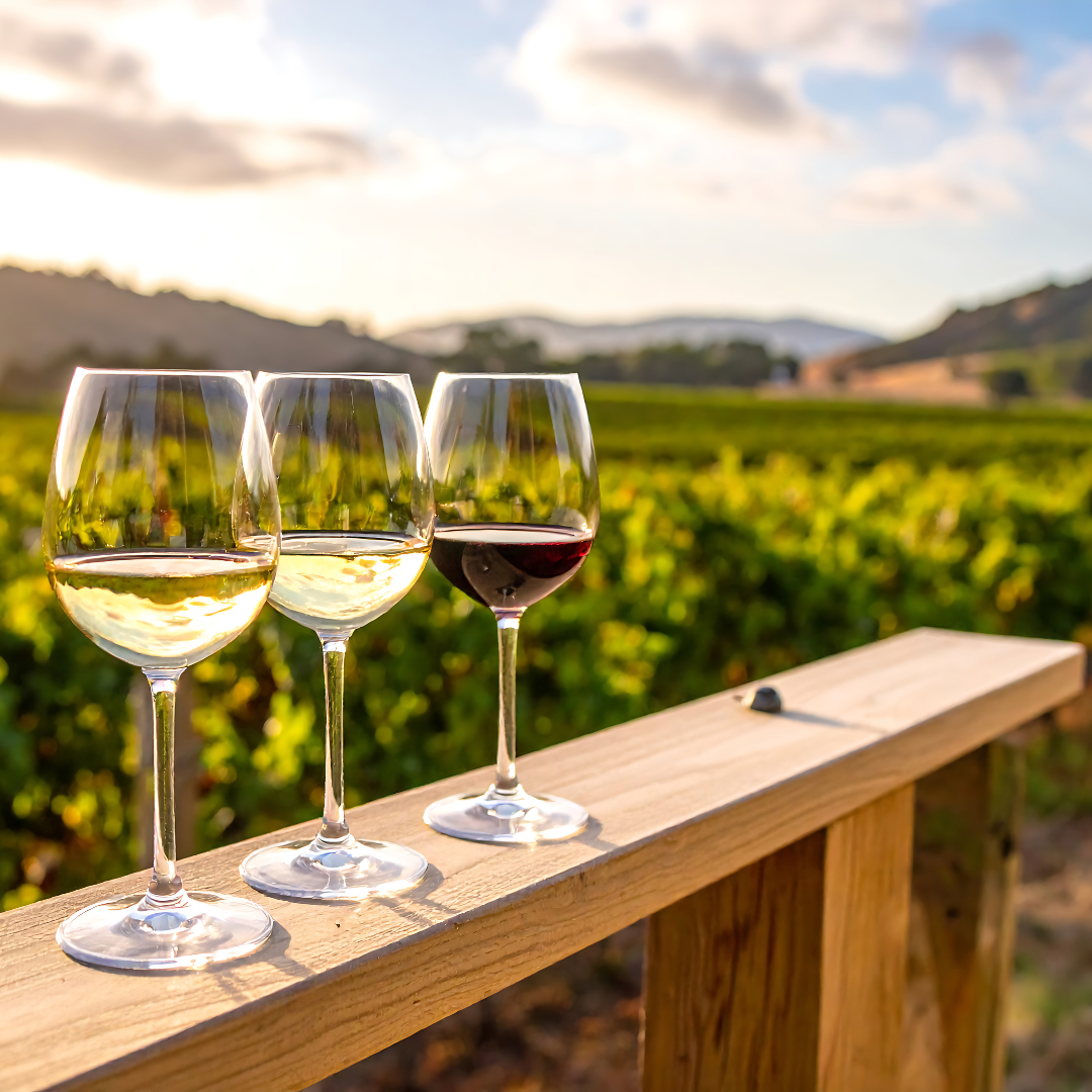 Three glasses of white and red wine on a wooden railing overlooking a vineyard landscape during sunset.