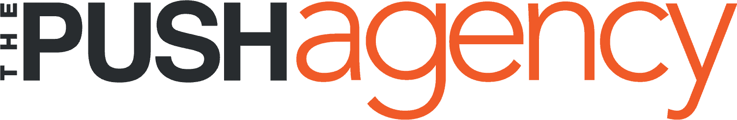 Text-based graphic with the words "The push for urgency" in gray and orange colors.