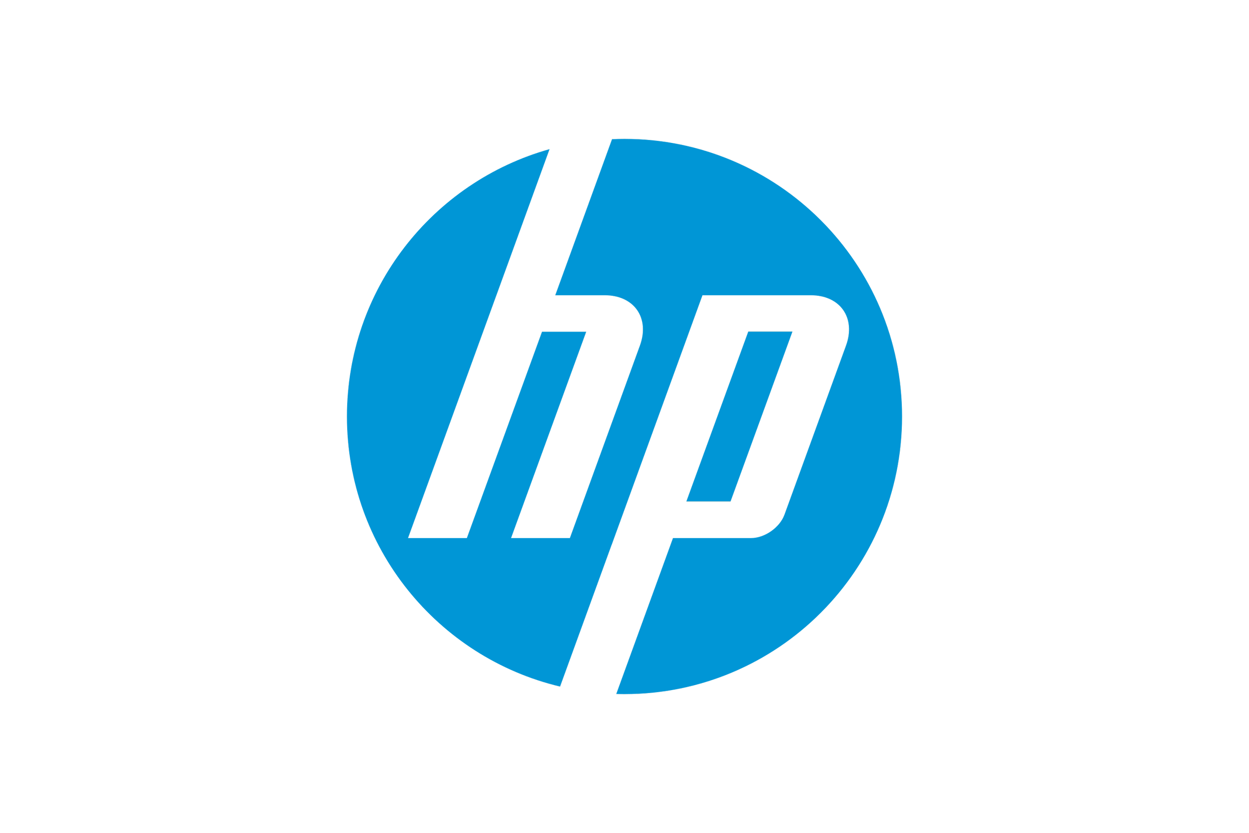 HP logo with a blue circle containing black stylized letters.