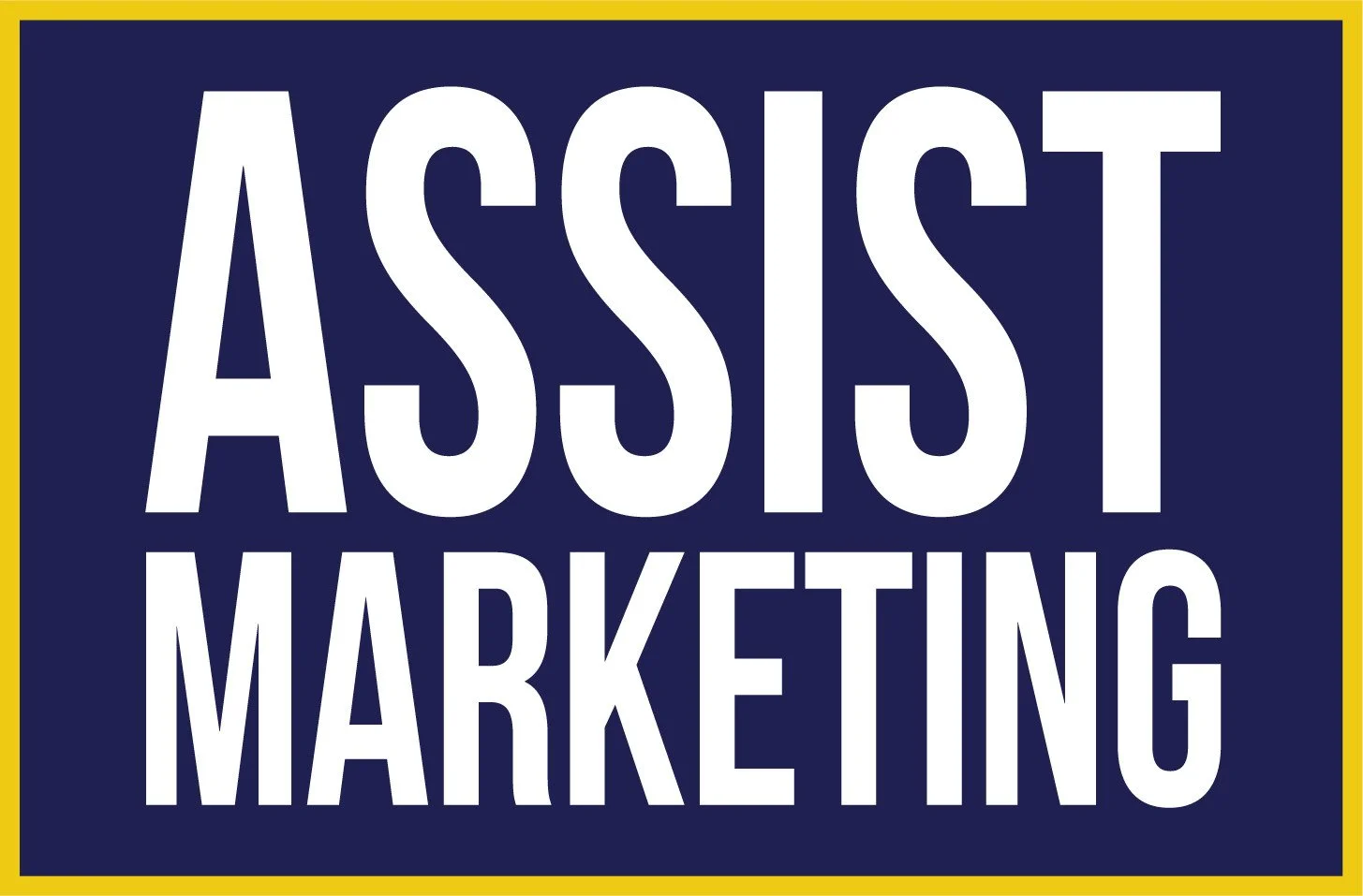 A sign with a dark blue background and yellow border that reads 'ASSIST MARKETING' in large white letters.
