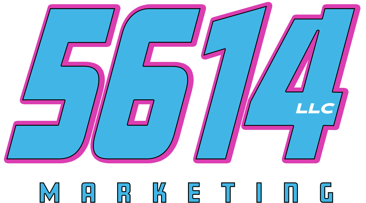 Logo for 5614 LLC with large blue numbers outlined in pink and the word MARKETING below in blue