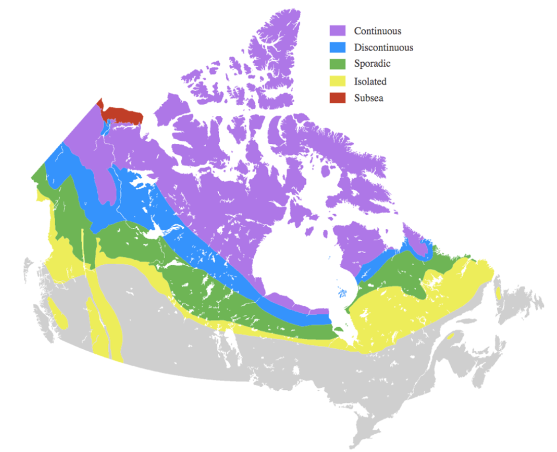 Map of Canada showing different geographic or ecological zones color-coded as continuous in purple, discontinuous in blue, sporadic in green, isolated in yellow, and subsea in red.