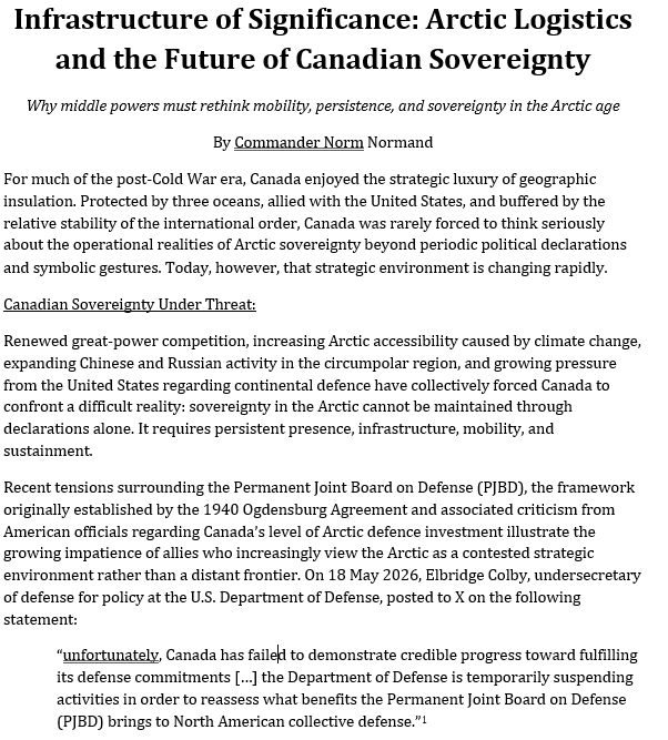 Infrastructure of Significance: Arctic Logistics and the Future of Canadian Sovereignty
