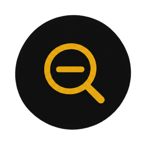 A yellow magnifying glass icon with a minus sign inside on a black background.