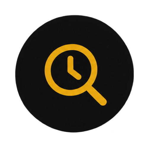 Yellow clock icon inside a magnifying glass on a black circular background.