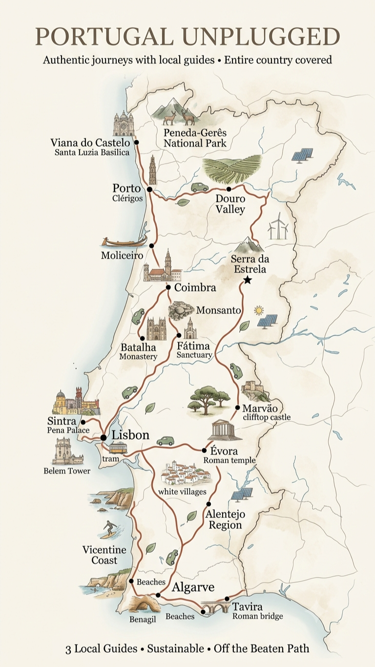 Map of Portugal with itinerary and touristic destinations