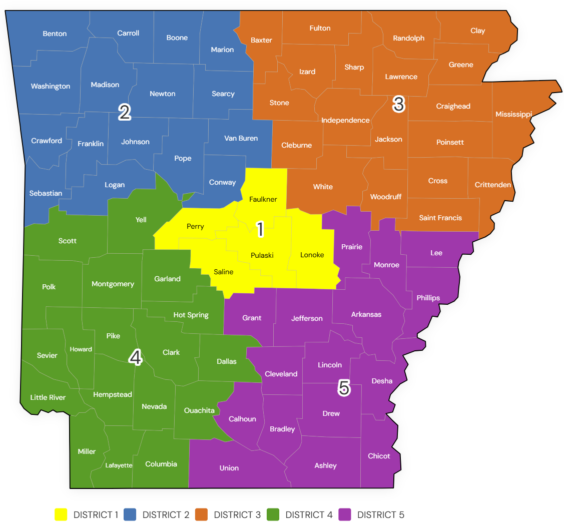 Map showing the five Veteran Services districts in Arkansas.