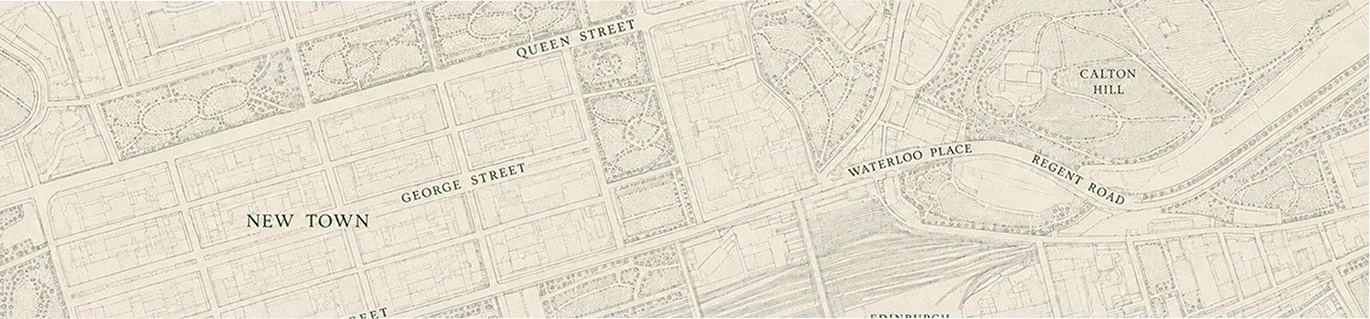 Heritage-style map of central Edinburgh showing Waterloo Place and the surrounding New Town.