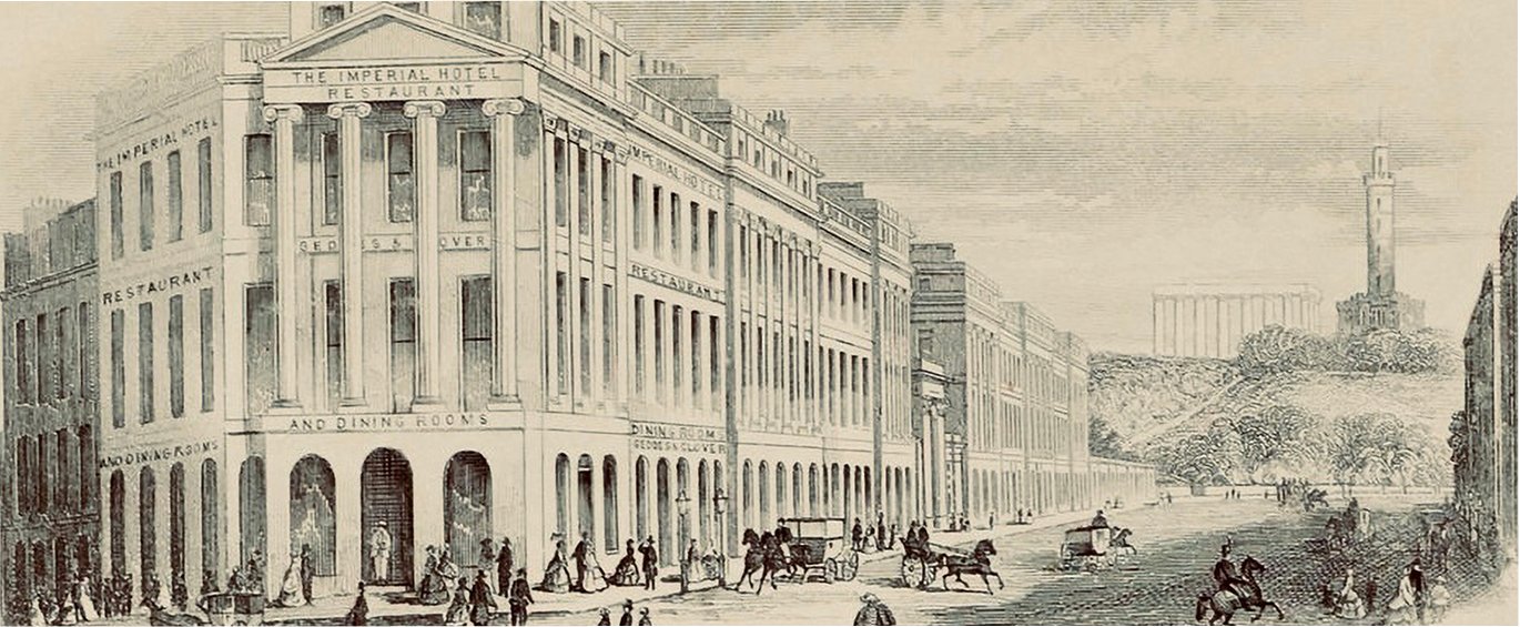 Historic view of the Imperial Hotel at Waterloo Place, Edinburgh, with horse-drawn carriages outside.