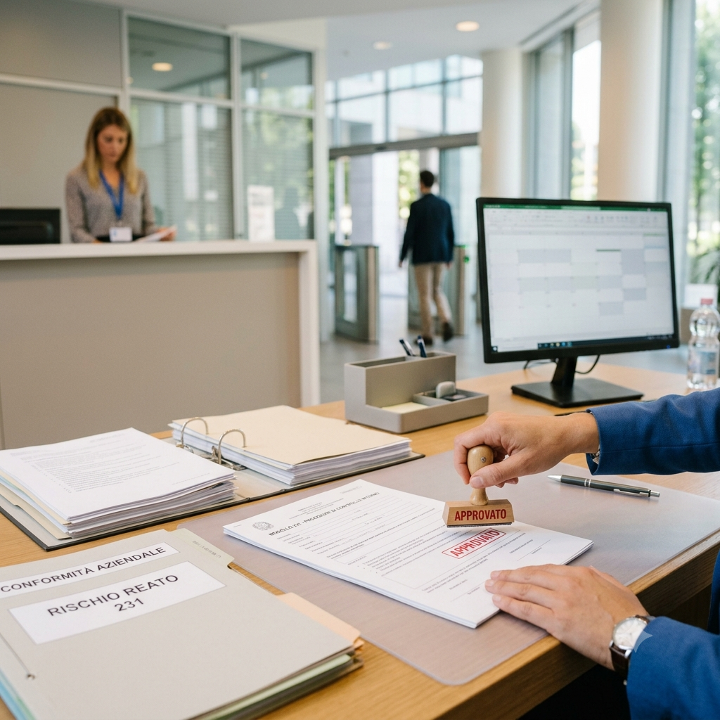 Un ufficio con una scrivania, documenti, una persona che mette una firma su un modulo con un timbro che dice 'APPROVATO', un monitor, e due persone al reception in lontananza.