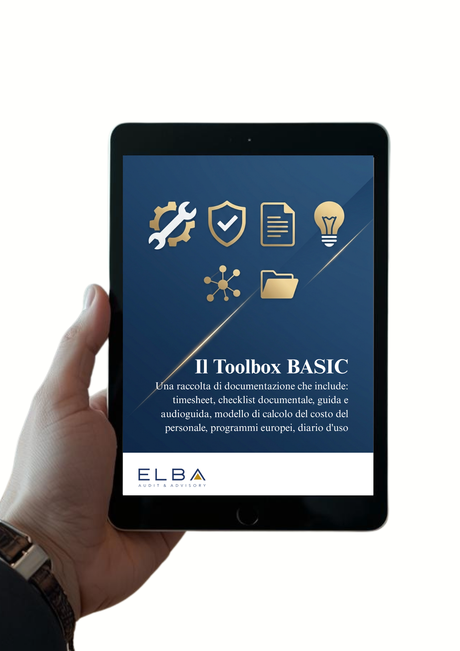 Riproduzione di una scheda su tablet con testo in italiano riguardante il Toolbox BASIC, con icone di strumenti, sicurezza, documenti, lampadina, rete e cartella, e il logo dell'ELBA Audit & Advisory.