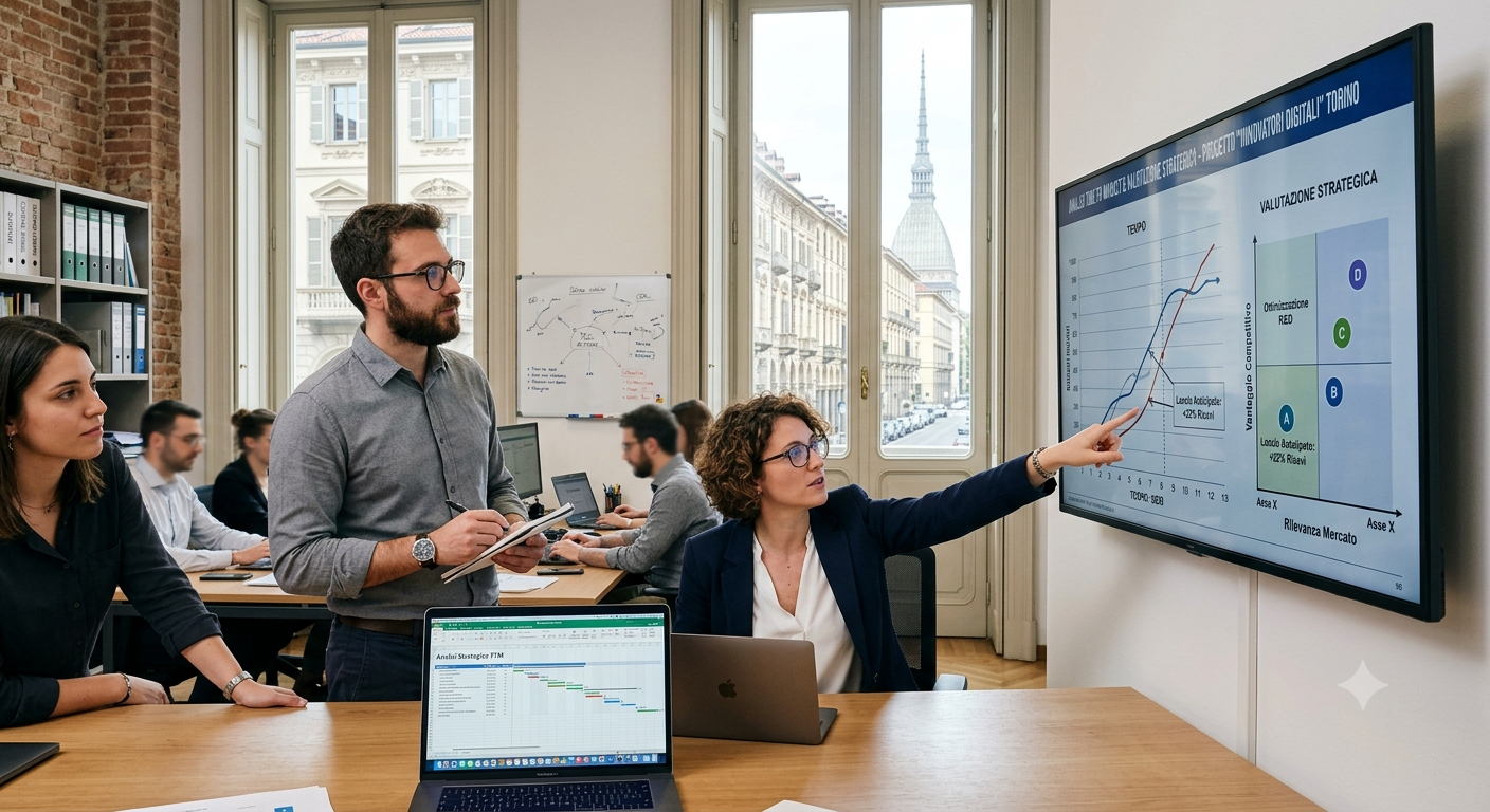 Un gruppo di persone lavora in una sala conferenze, alcune guardano uno schermo con grafici e diagrammi, mentre una donna in abbigliamento professionale punta allo schermo. In background, altri colleghi lavorano ai computer, e si vede una finestra con una vista sulla città e una torre molto alta.