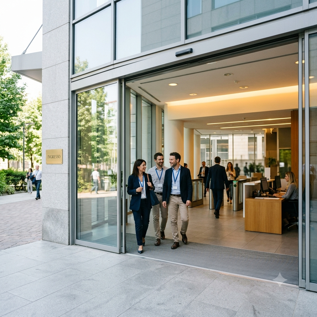 Persone che escono da un edificio moderno con reception, alcune con badge attorno al collo, in un ambiente interno bene illuminato con uffici e reception visibili, e un'area esterna con alberi e altri passanti.