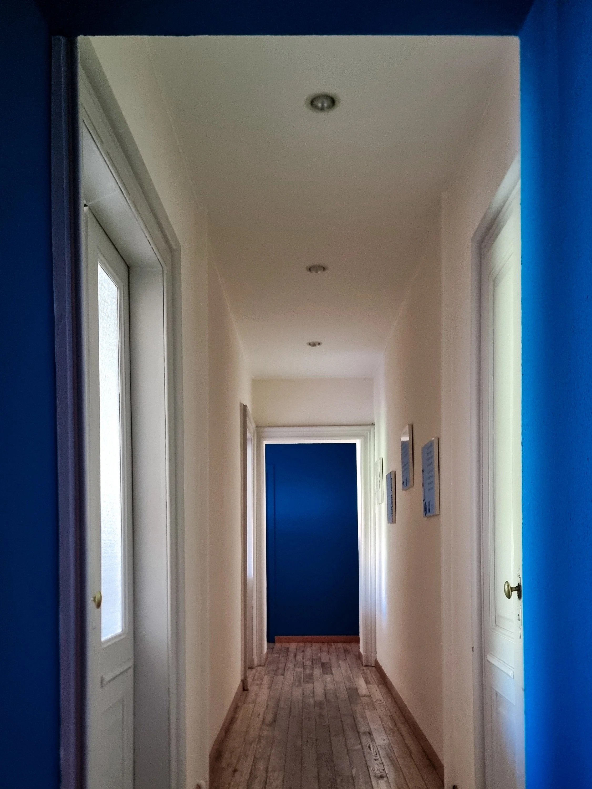 Corridoio interno di una casa con pareti dipinte di colore blu, soffitto bianco con faretti, finestre e porte laterali, pavimento di legno.