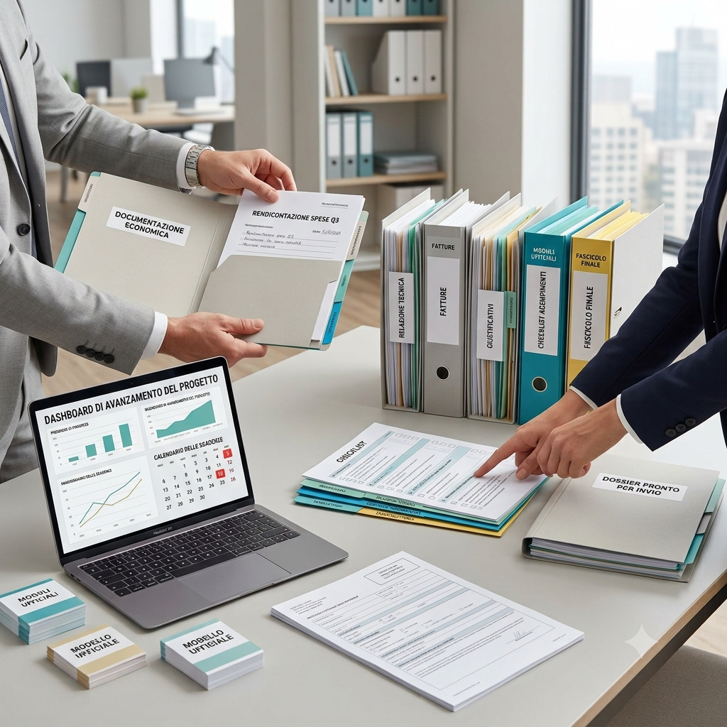 Due persone in abiti da ufficio che lavorano su un tavolo con documenti, cartelle, un laptop con grafici e un dossier pronto per l'invio, in un ufficio con scaffali e grandi finestre.