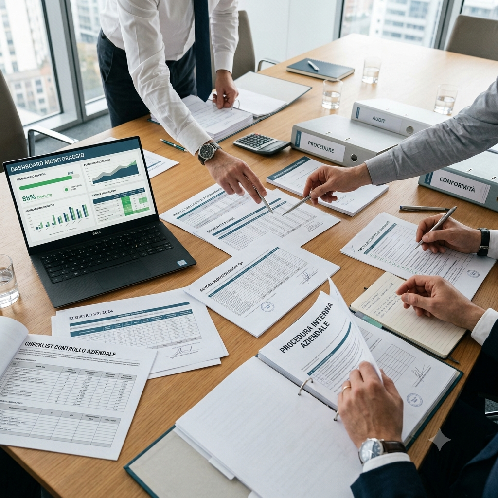 Riunione di lavoro con persone che discutono documenti e dati su un tavolo, con cartelle, tablet e note. Sulla scrivania ci sono anche due bicchieri d'acqua e una calcolatrice.