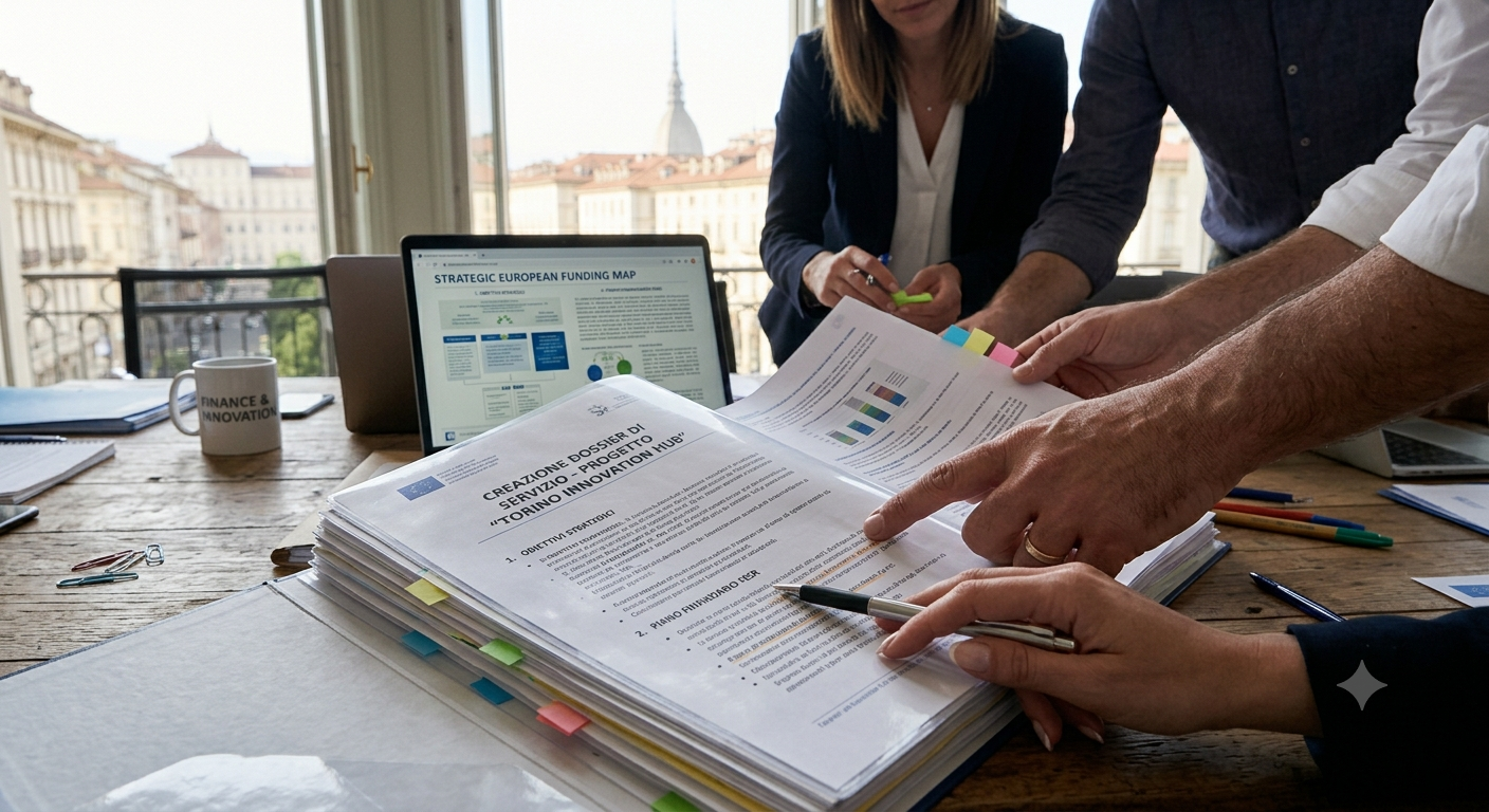 Immagine di un incontro di lavoro con persone intorno a un tavolo. Sul tavolo ci sono documenti impilati con post-it colorati, un computer portatile con uno schermo che mostra una mappa di finanziamenti europei strategici, una tazza con la scritta "FINANCE & INNOVATION" e altri materiali di cancelleria.