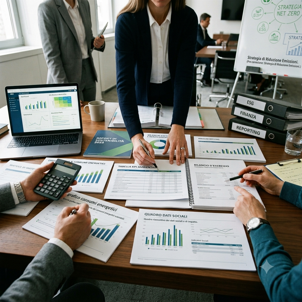 Riunione di lavoro con documenti e grafici relativi a sostenibilità, emissioni, finanza e reportistica ambientale su un tavolo. In background, persone che discutono e presentazioni sul tema delle strategie zero emissioni.