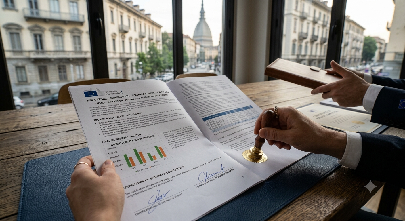 Due persone in abiti formali stanno firmando un documento ufficiale su un tavolo di legno, con una finestra e un edificio storico sullo sfondo.