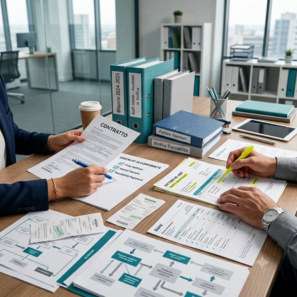 Due persone stanno lavorando con documenti aziendali, moduli e riunioni in un ufficio moderno, con scaffali e grandi finestre con vista sulla città.