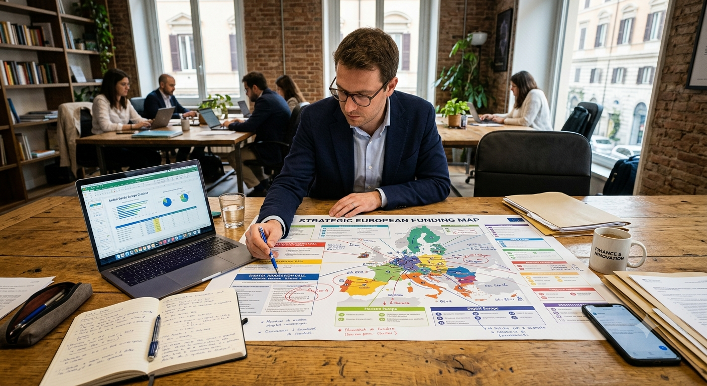 Uomo in abito blu seduto a una grande scrivania con vari documenti, laptop con grafici, tazza e telefono, in una sala riunioni con altre persone che lavorano ai computer.