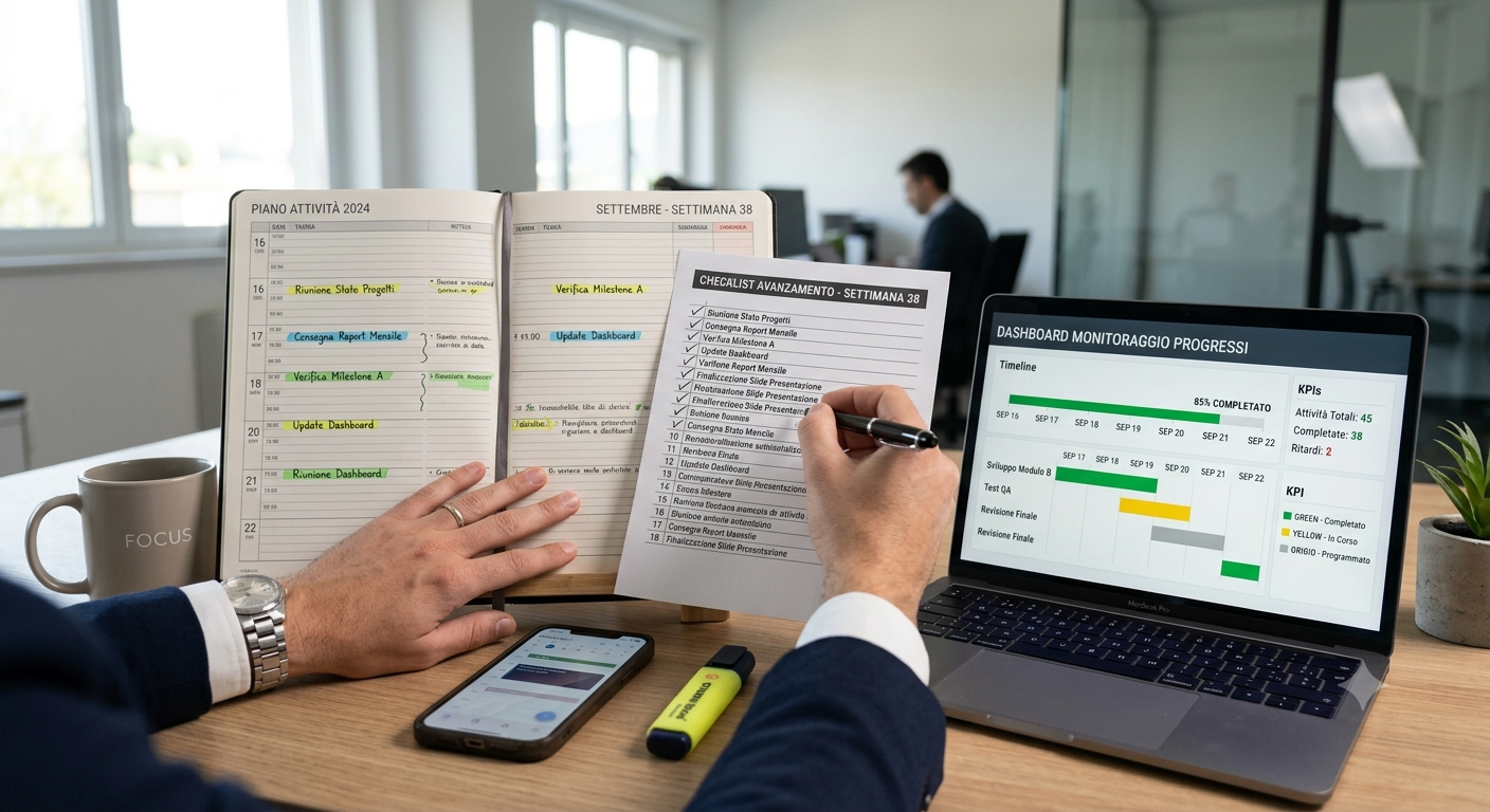 Due persone lavorano a un tavolo in un ufficio con un laptop, un agenda, un telefono e altri materiali; uno di loro sta segnando una lista e il laptop mostra un grafico di progresso dei progetti.