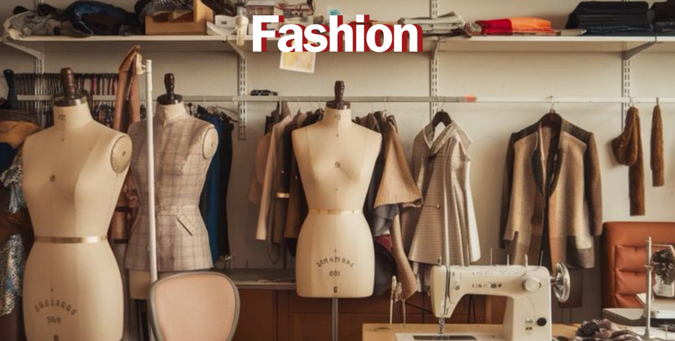 Interno di una sartoria con manichini, abiti e stoffe, e una scritta sovrapposta con la parola 'Fashion'