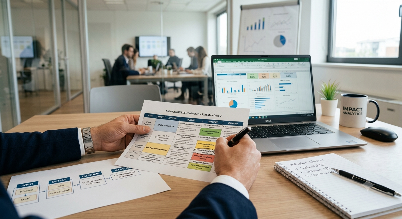 Ufficio con persone che lavorano in una sala riunioni. In primo piano, una persona modifica un diagramma in un documento, con un laptop, tazza e quaderno sul tavolo.