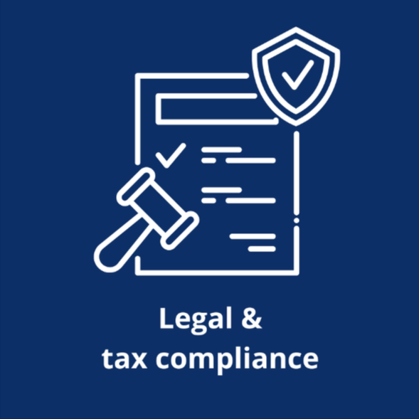 Icona di un documento legale con un martello da giudice e uno scudo con una spunta, con la scritta "Legal & tax compliance".